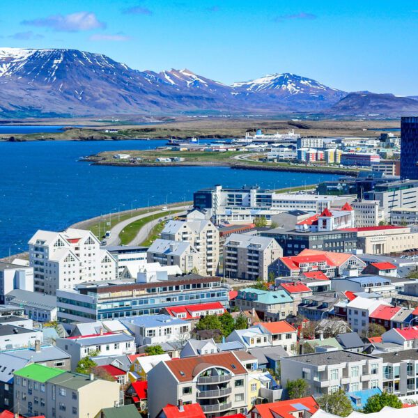 Panoramic view of Reykjavik, the capital city of Iceland, with the view of harbor and mount Esja.